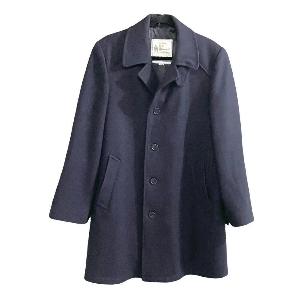 LONDON FOG Vintage Maincoats Wool Winter Overcoat Coat Blue 40R